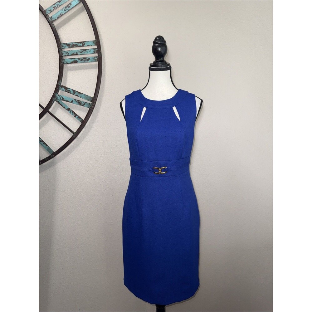 Tahari ASL Dress 4 Cobalt Blue Sleeveless Textured Lined Sheath Gold Details EUC - Picture 2 of 6